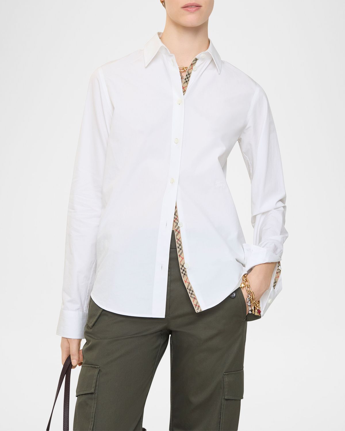 Burberry Ellora Check-Lined Cotton Poplin Button-Down Shirt