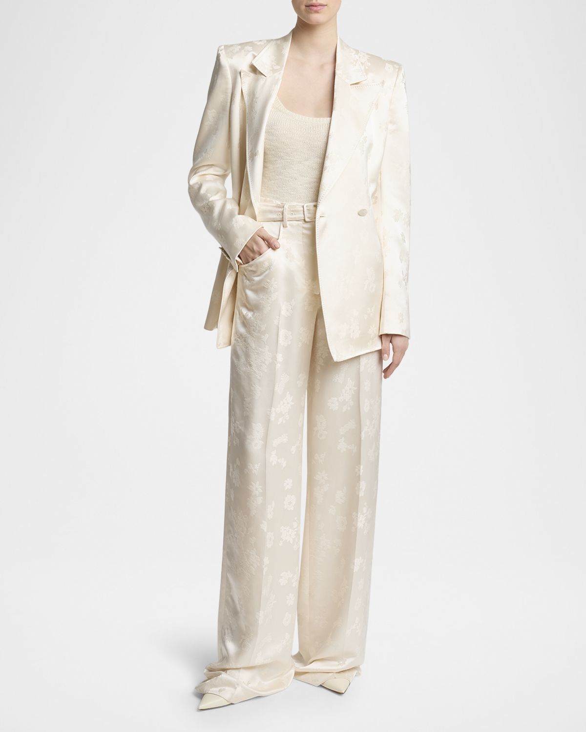Gabriela Hearst Norman Floral Satin Jacquard Wide-Leg Pants With Belt