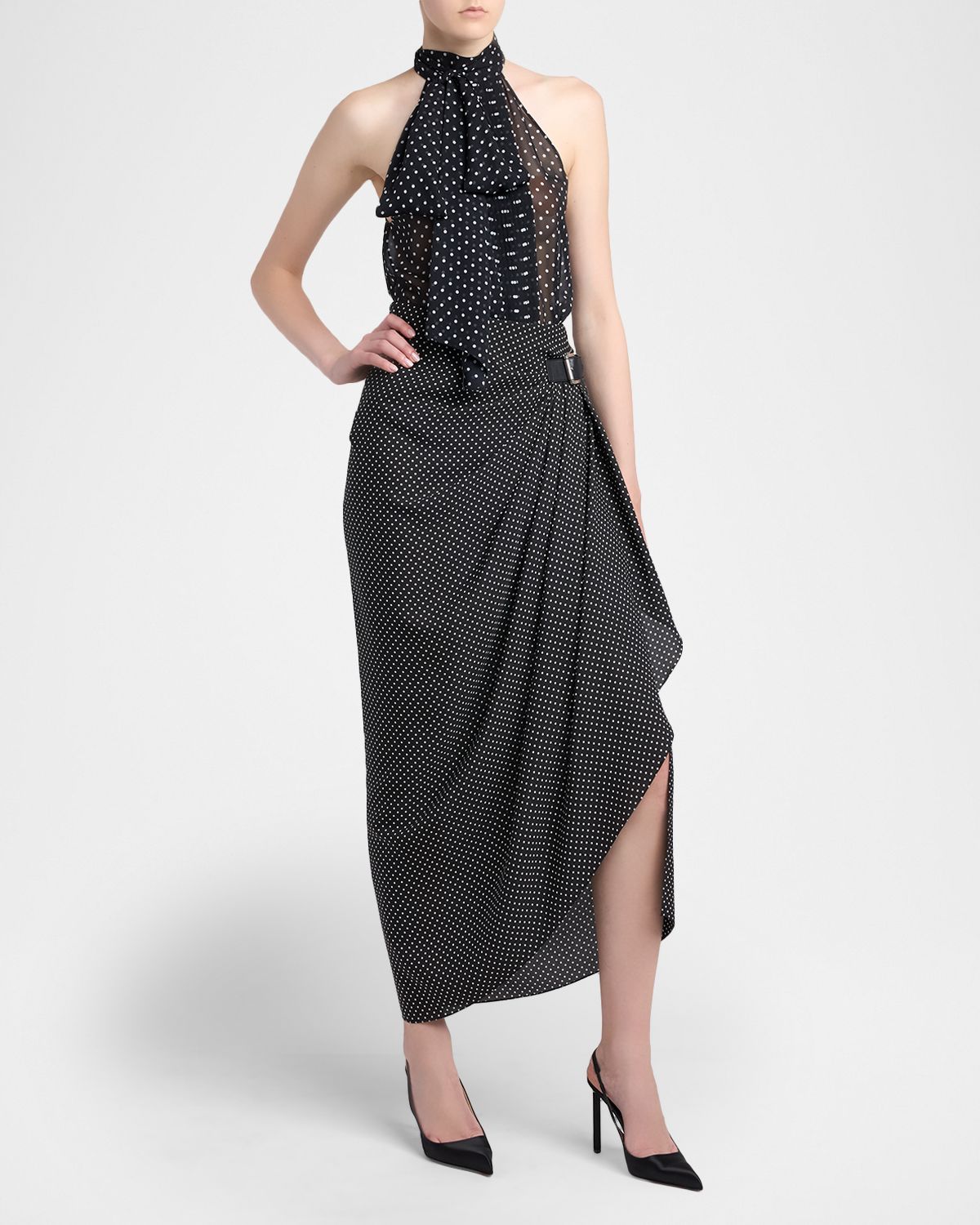 TOM FORD Polka-Dot Silk Buckle Wrap Midi Skirt