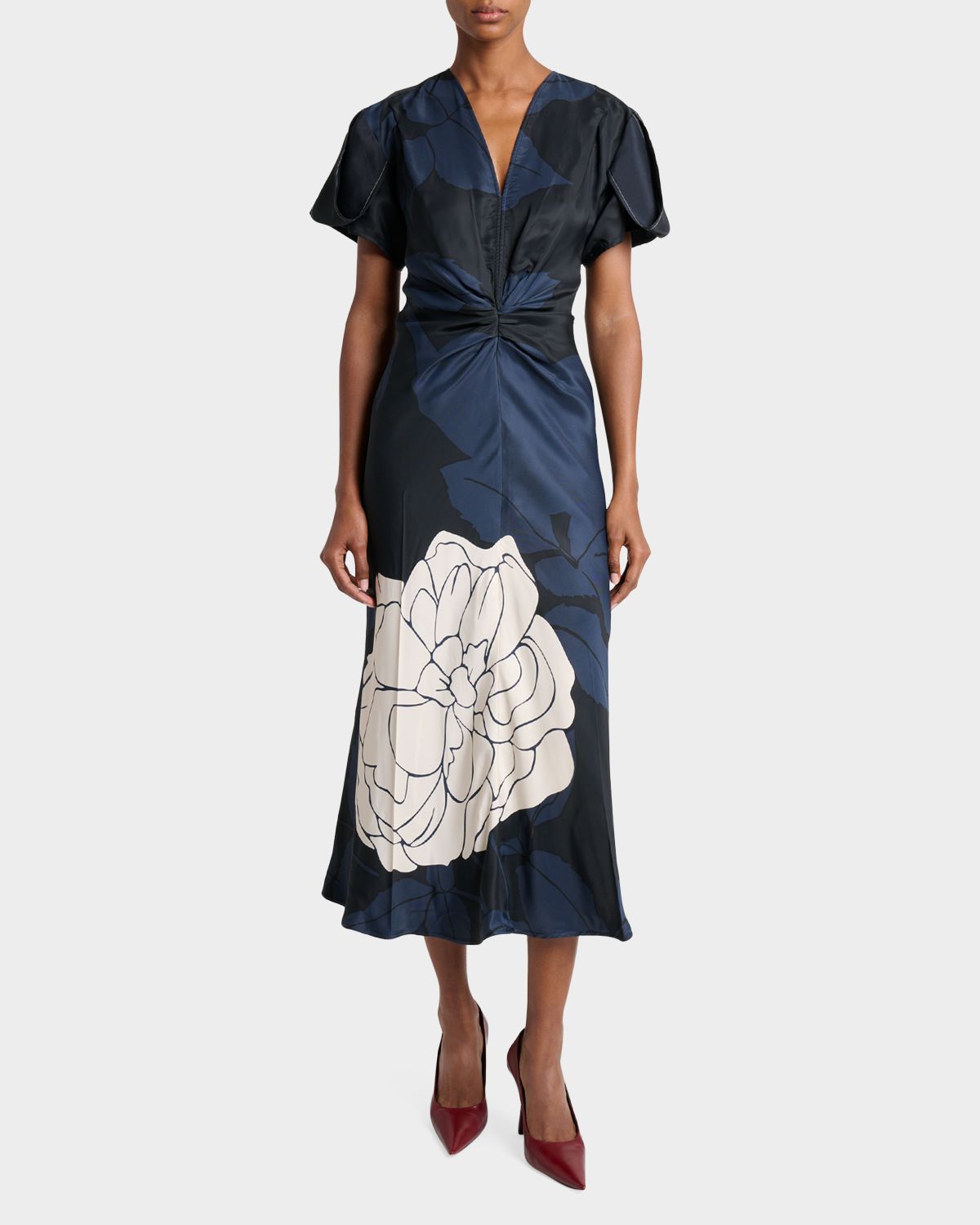 Victoria Beckham Eve Floral-Print Twill Gathered-Waist Midi Dress