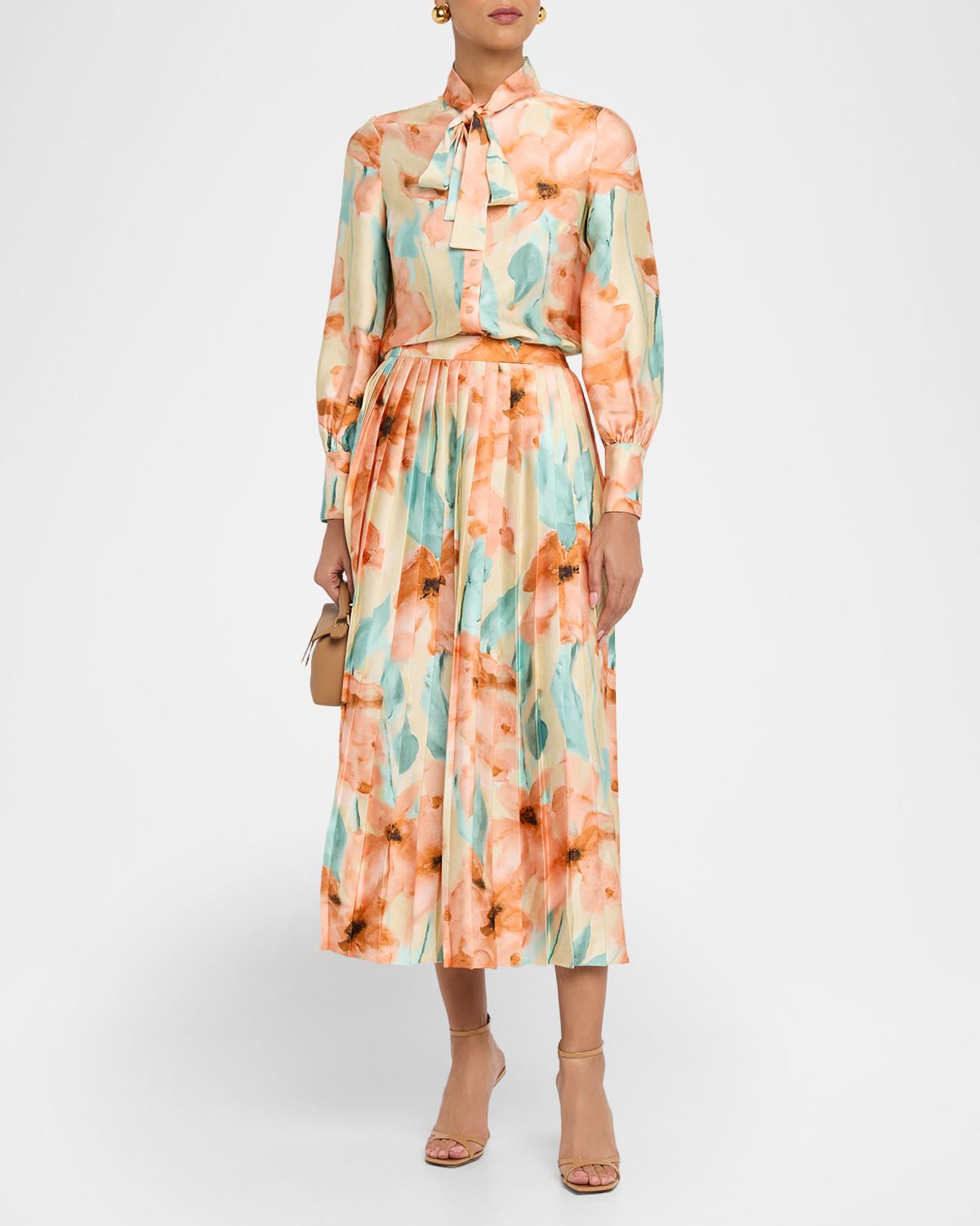 Misook Pleated Floral-Print Crepe De Chine Midi Skirt