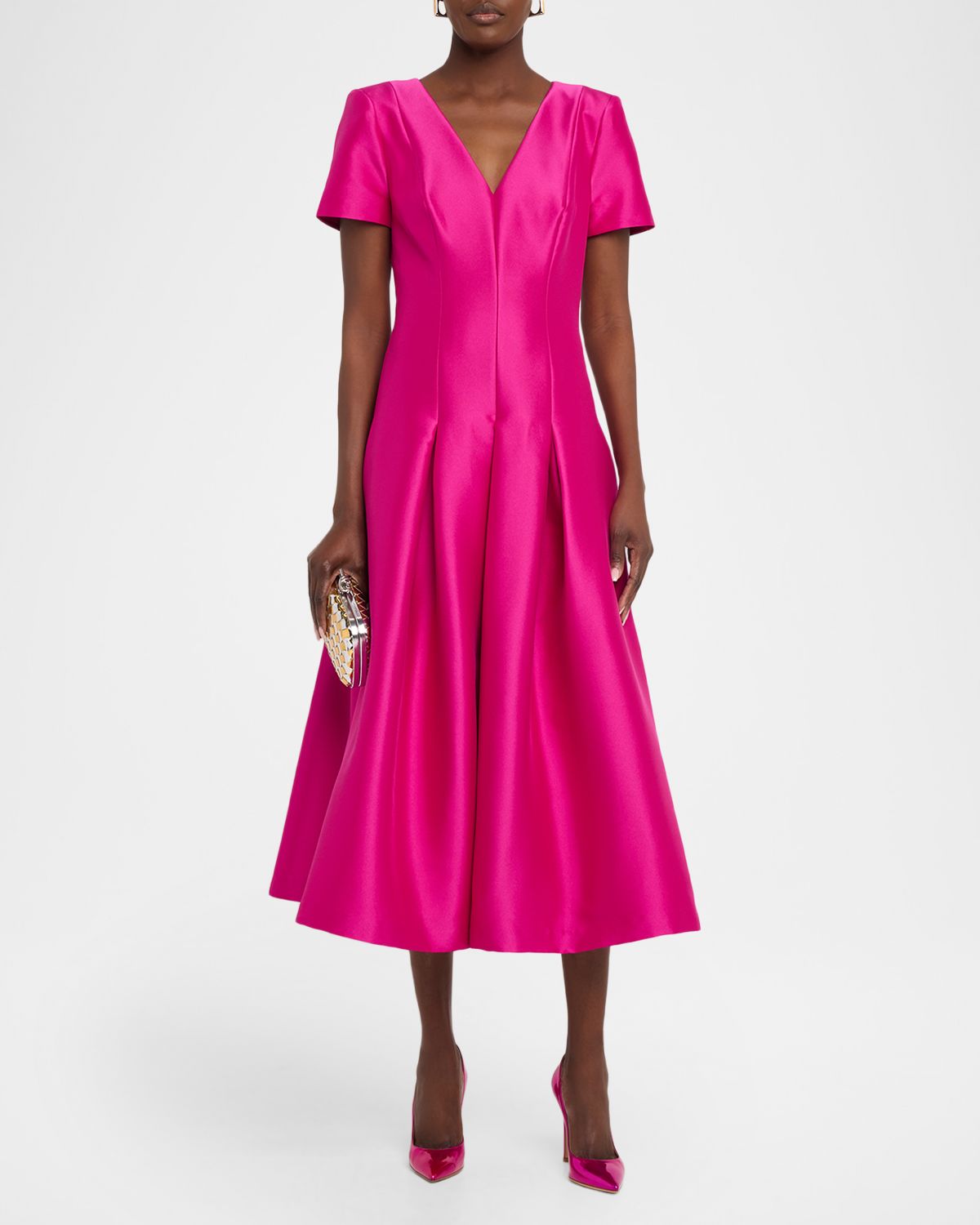 Badgley Mischka Pleated Stretch Satin Midi Dress