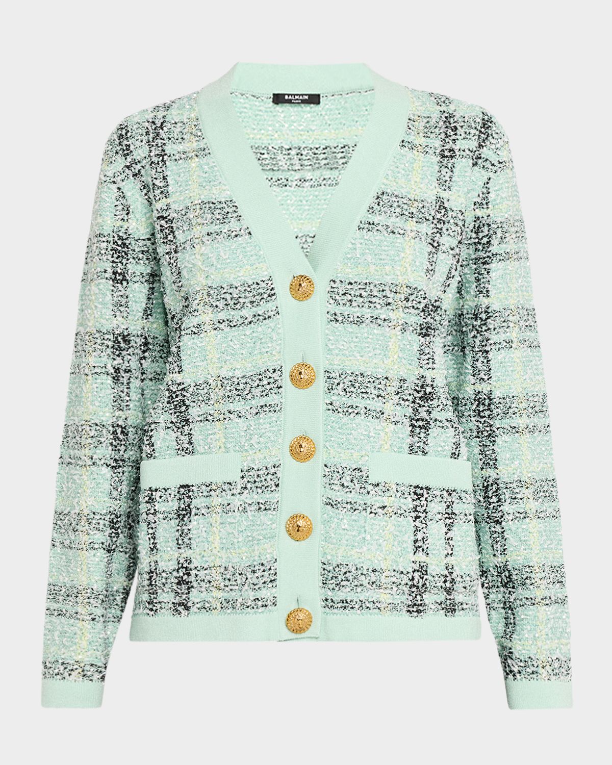 Balmain V-Neck Plaid Tweed Loose Cardigan