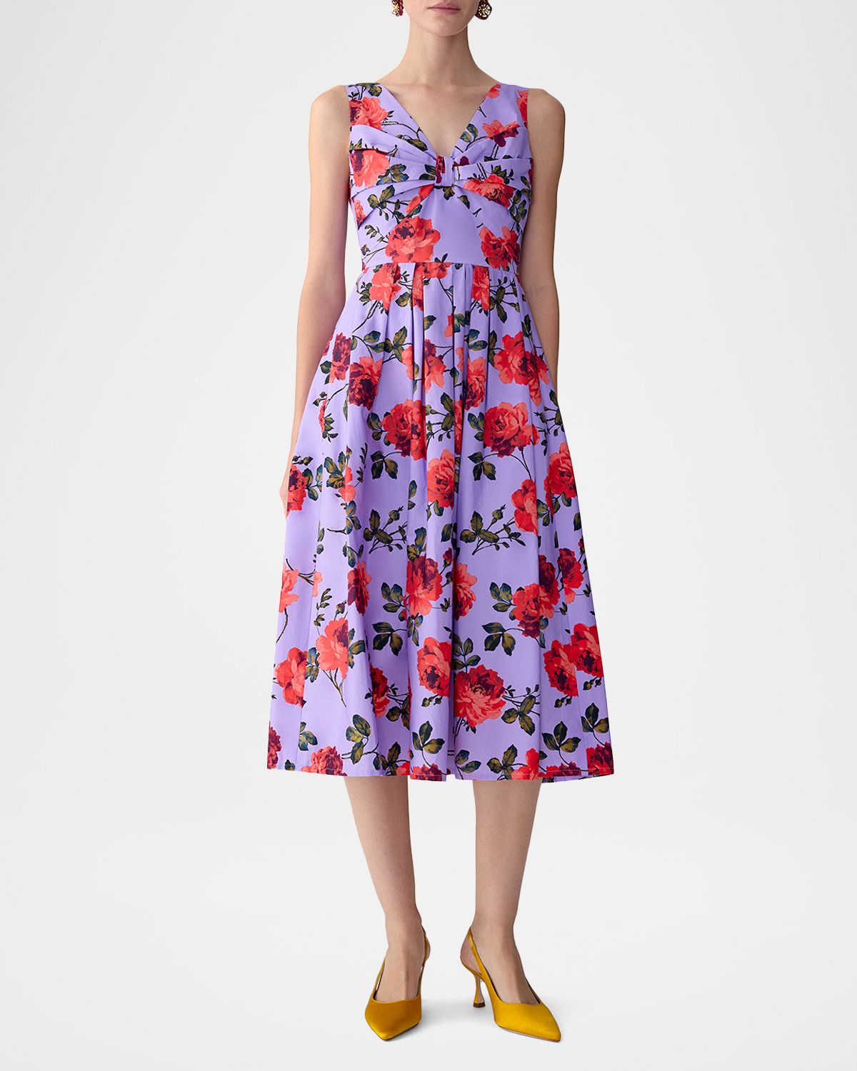 Carolina Herrera Rose-Print Pleated Bow V-Neck Midi Dress