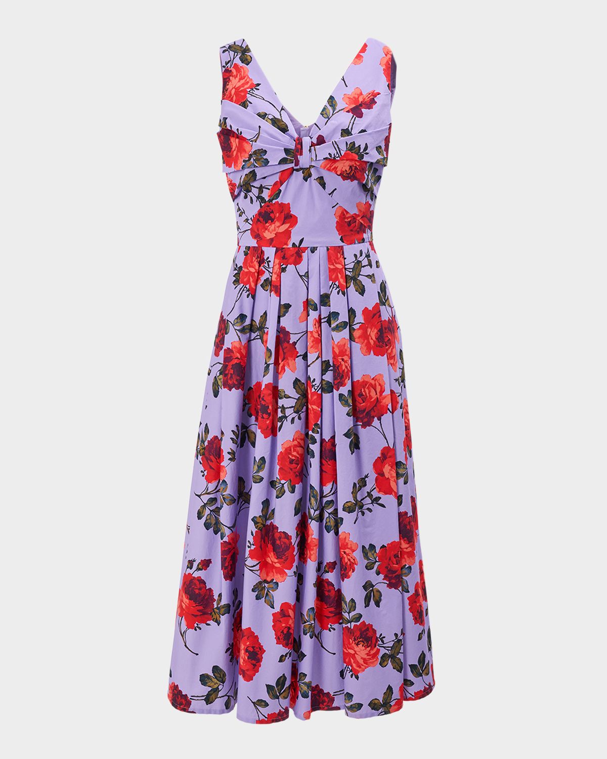 Carolina Herrera Rose-Print Pleated Bow V-Neck Midi Dress