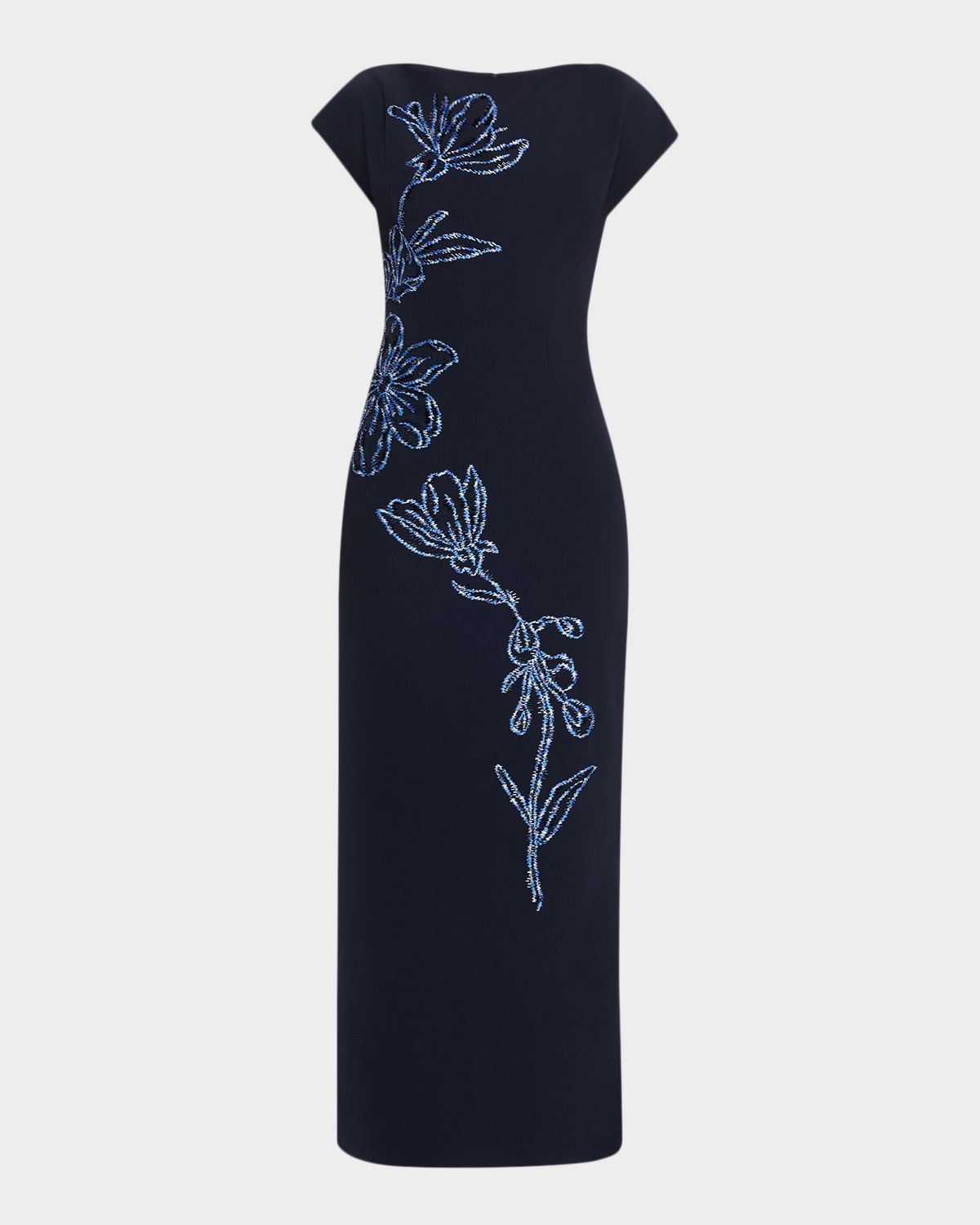 Lela Rose Flower Embroidered Fluid Crepe Maxi Dress
