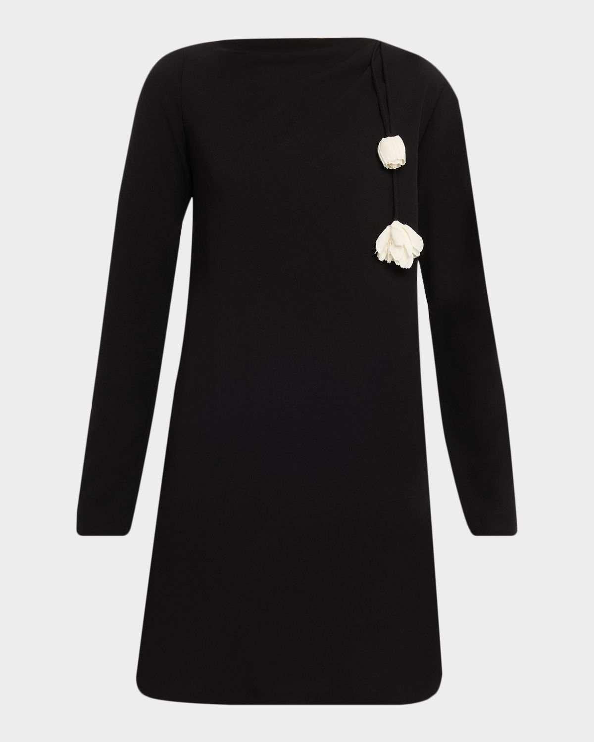 Lela Rose Flower Applique Long-Sleeve Fluid Crepe Mini Dress