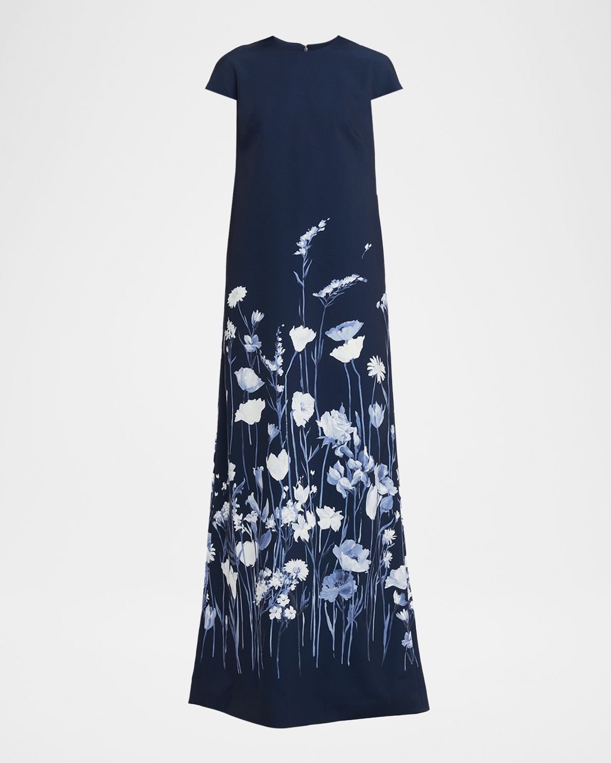 Lela Rose Floral Crepe Short-Sleeve A-Line Gown