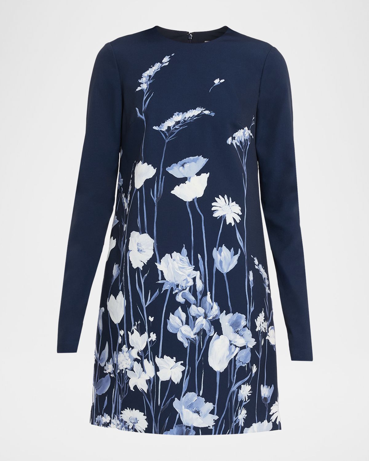 Lela Rose Floral Crepe Long-Sleeve Mini Dress