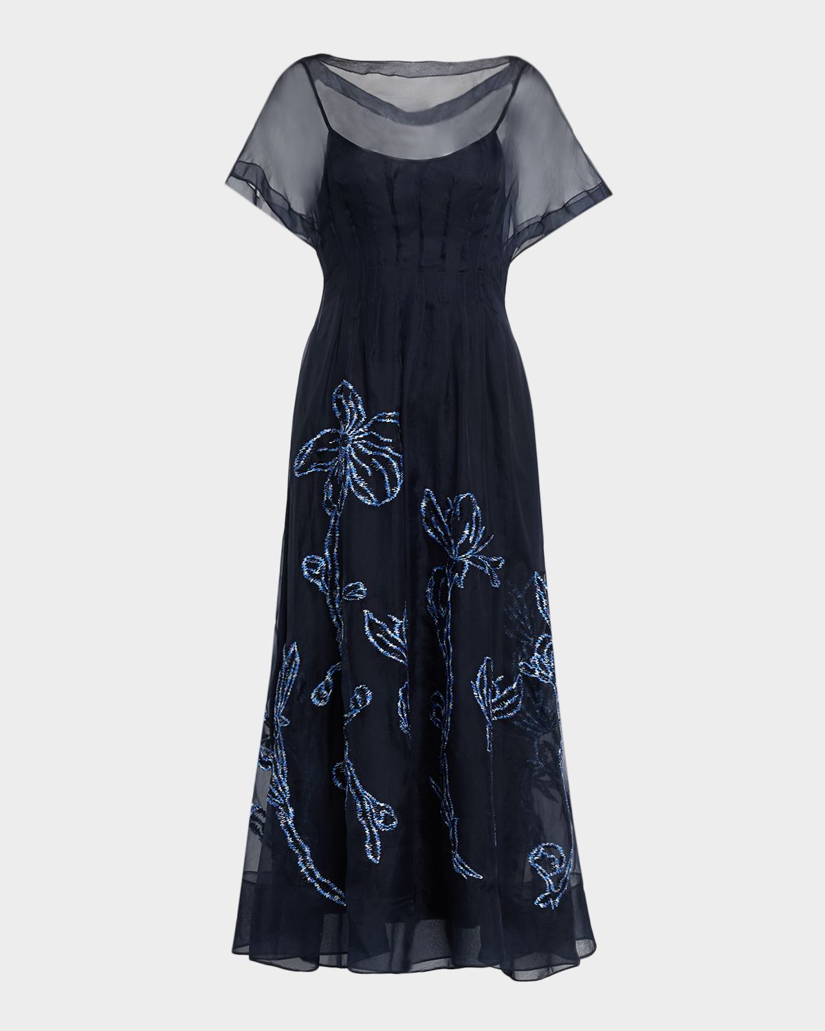 Lela Rose Ikat Floral Embroidered Organza Midi Dress