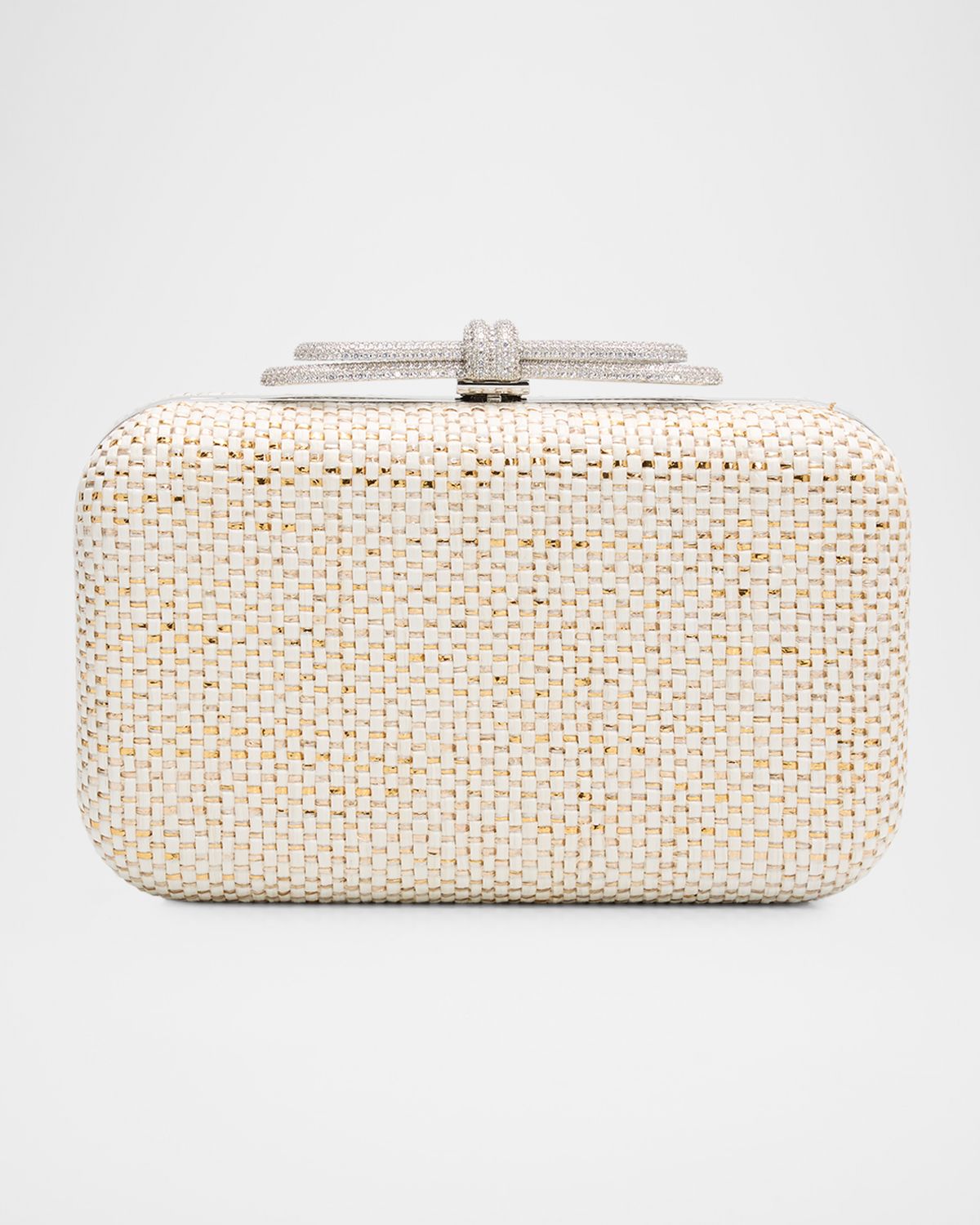 MACH & MACH Double Crystal Bow Woven Raffia Clutch Bag