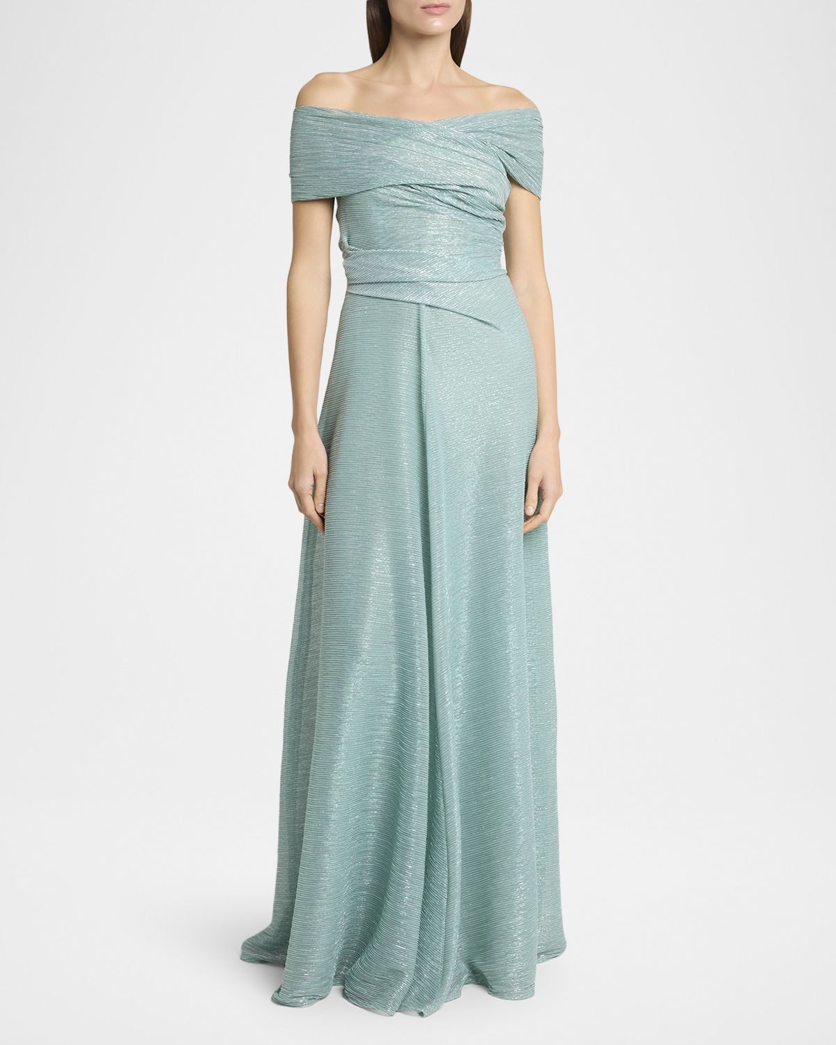 Talbot Runhof Draped Off-The-Shoulder Metallic Plisse Gown
