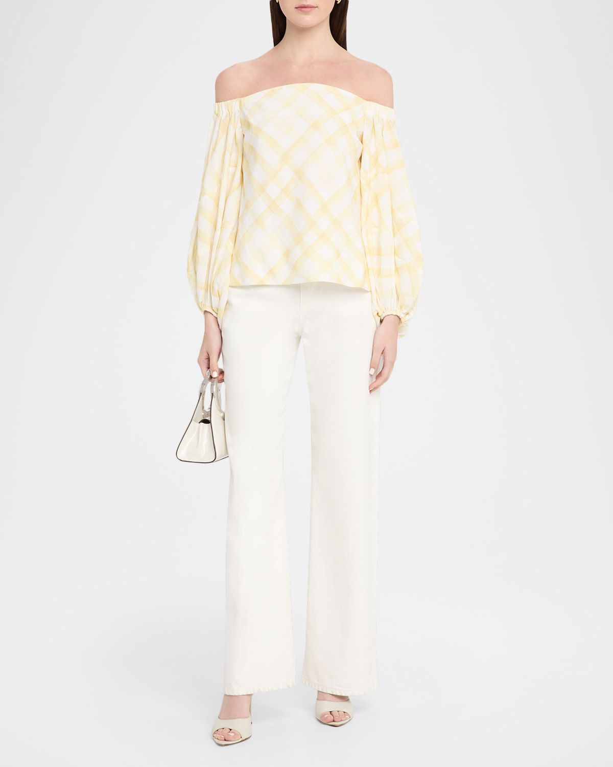 Rosie Assoulin Gingham-Print Balloon Sleeve Off-The-Shoulder Top