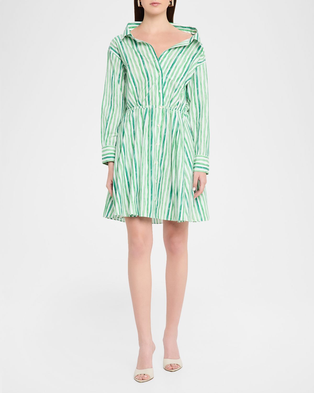 Rosie Assoulin Falling Off The Shoulder Striped Poplin Mini Shirtdress