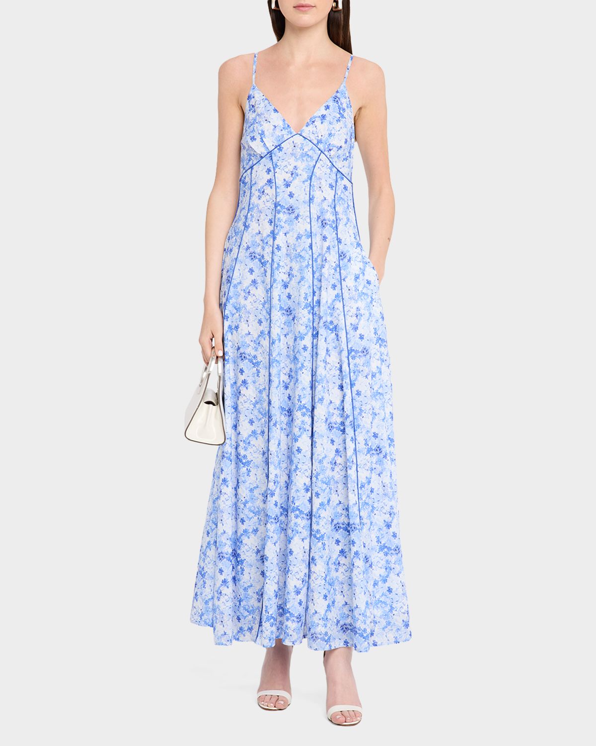 Rosie Assoulin Watercolor Floral-Print Piped Cami Maxi Dress