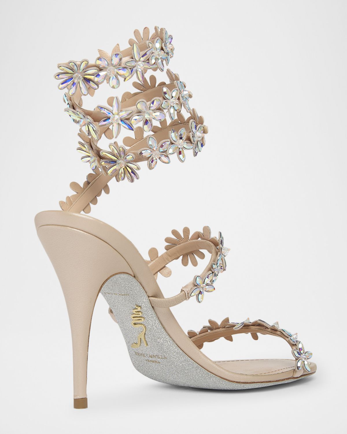 Rene Caovilla 100mm Cleo Flower-Embellished Leather Sandals