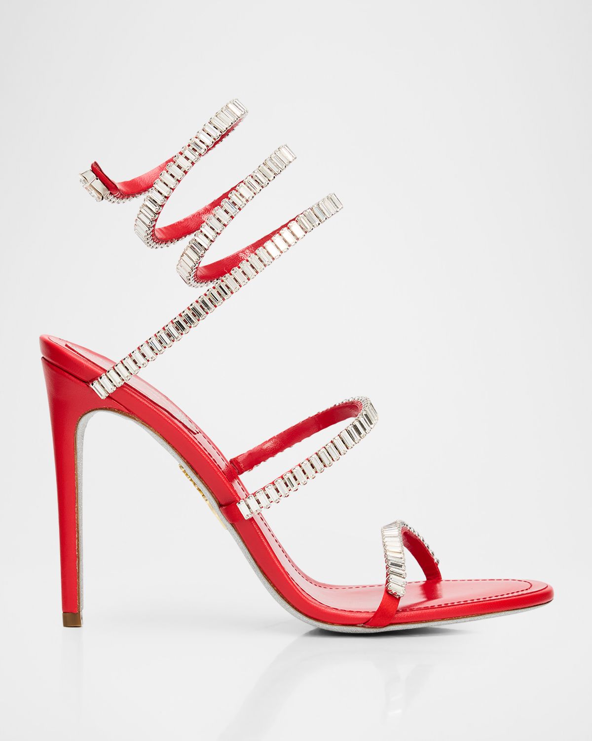 Rene Caovilla 105mm Cleo Baguette Crystal Satin Snake-Wrap Sandals