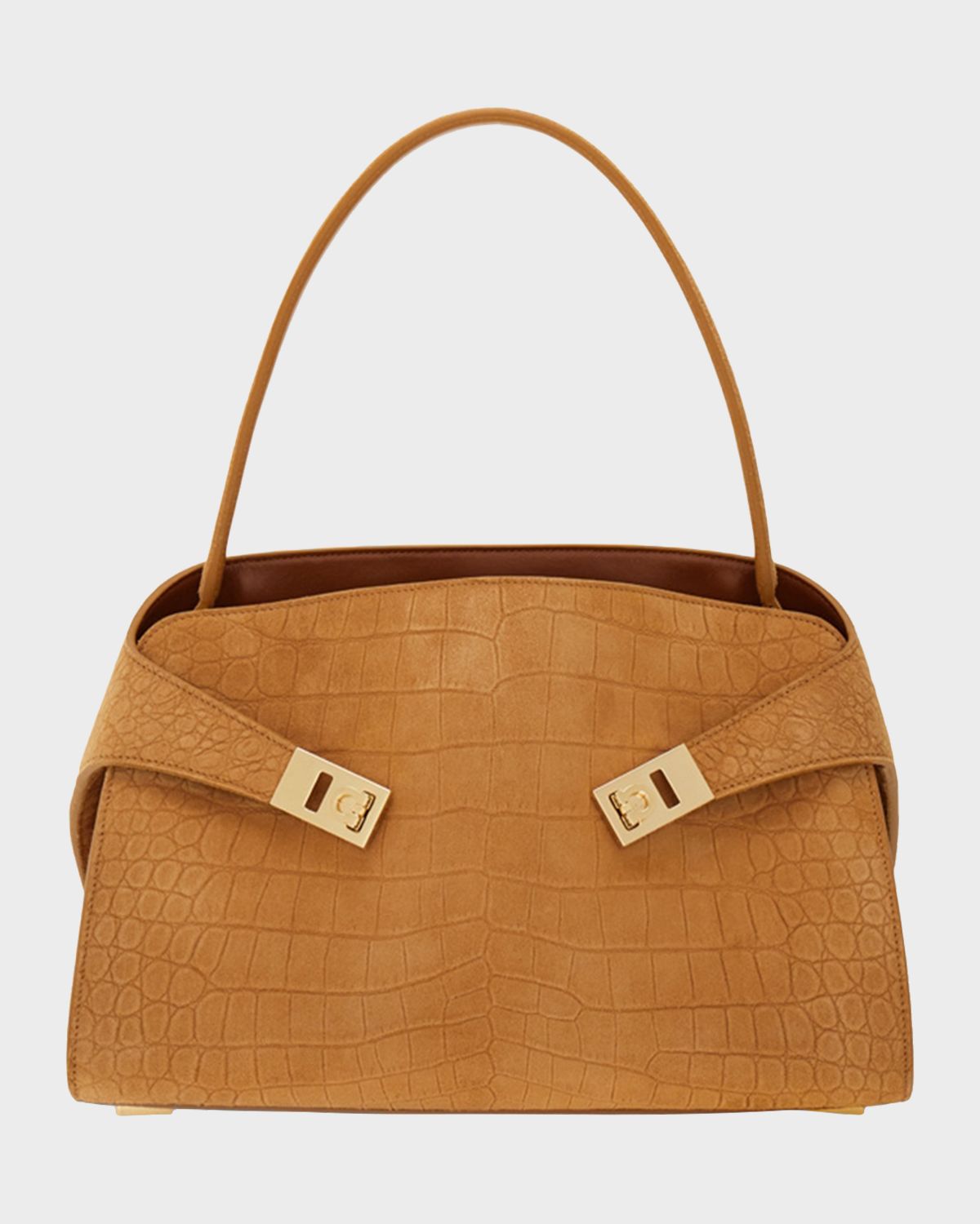 Ferragamo Hug Croc-Embossed Suede Shoulder Bag