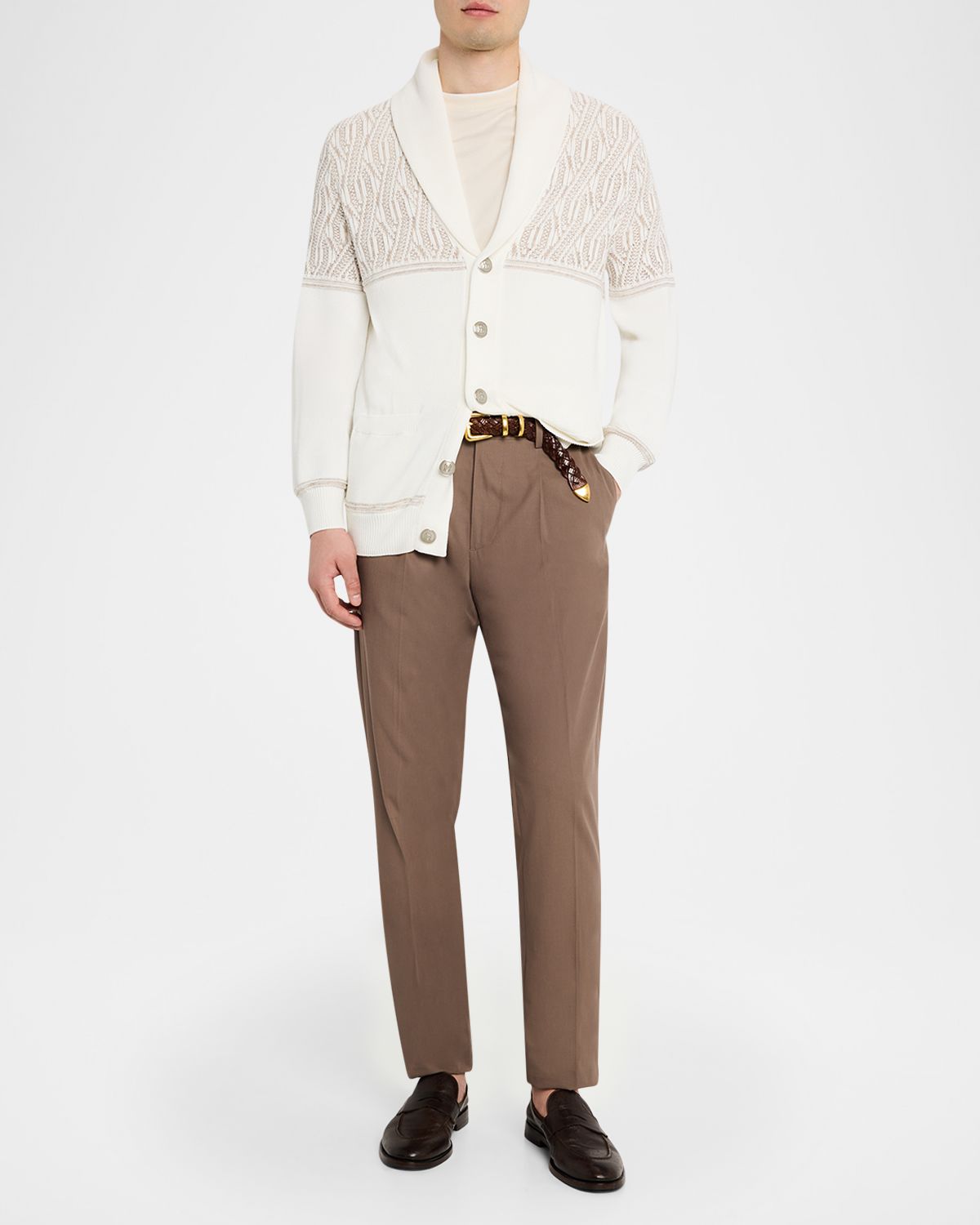 Brunello Cucinelli Men 's Cotton Cable Knit Shawl Cardigan | Thumbnail 5 Brunello Cucinelli Men 's Cotton Cable Knit Shawl Cardigan | Thumbnail 5