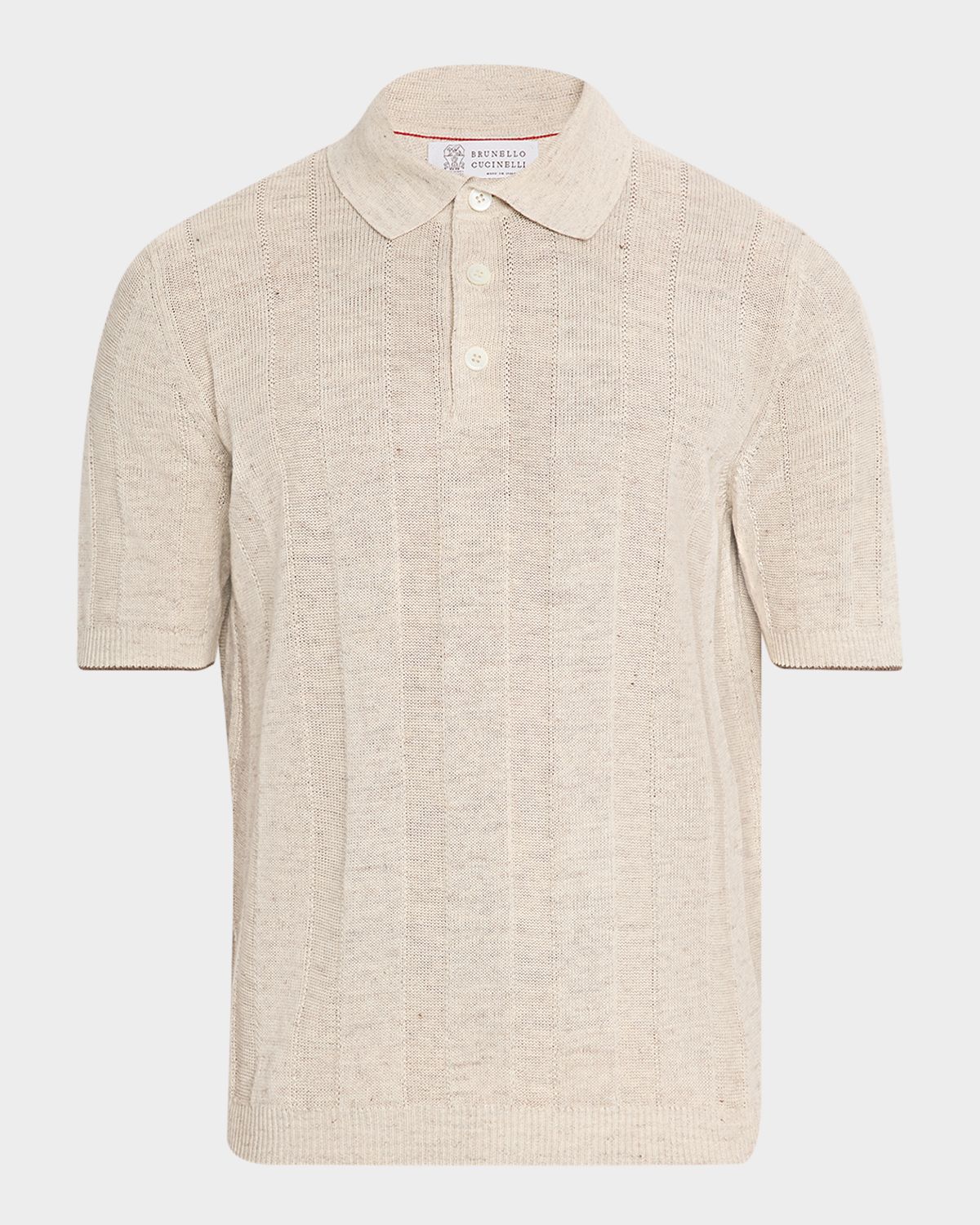 Brunello Cucinelli Men 's Linen and Cotton Ribbed Short-Sleeve Polo Sweater | Thumbnail 6 Brunello Cucinelli Men 's Linen and Cotton Ribbed Short-Sleeve Polo Sweater | Thumbnail 6