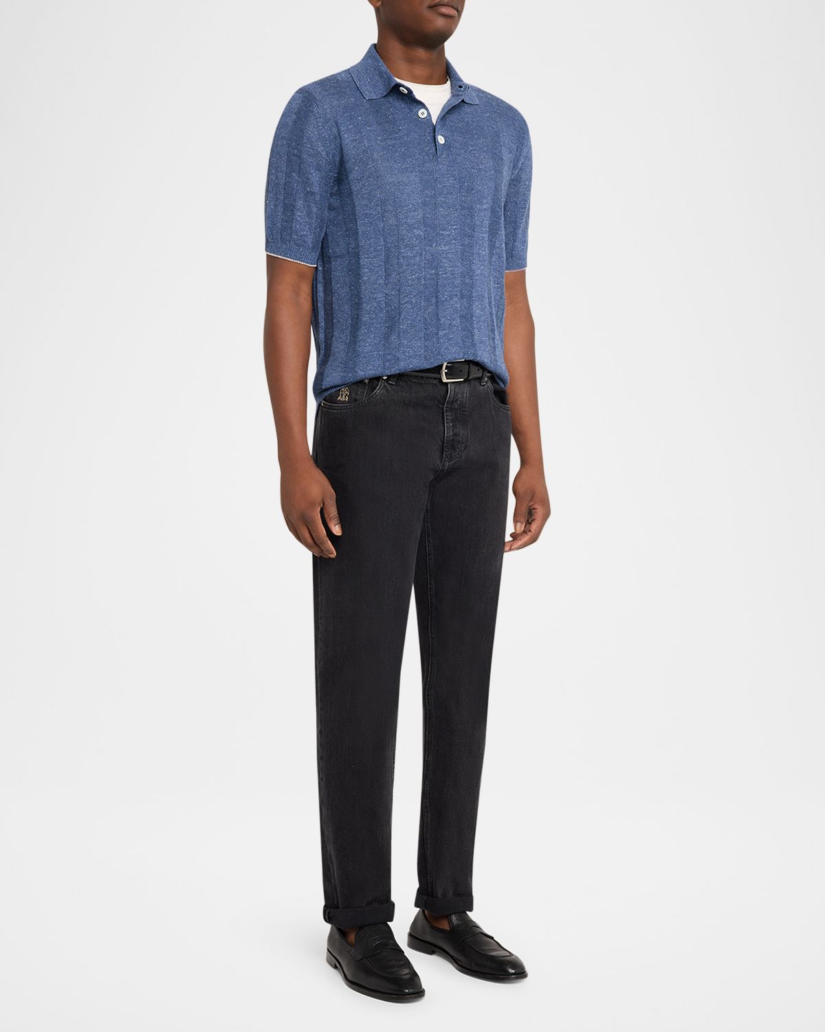 Brunello Cucinelli Men 's Linen and Cotton Ribbed Short-Sleeve Polo Sweater | Thumbnail 5 Brunello Cucinelli Men 's Linen and Cotton Ribbed Short-Sleeve Polo Sweater | Thumbnail 5