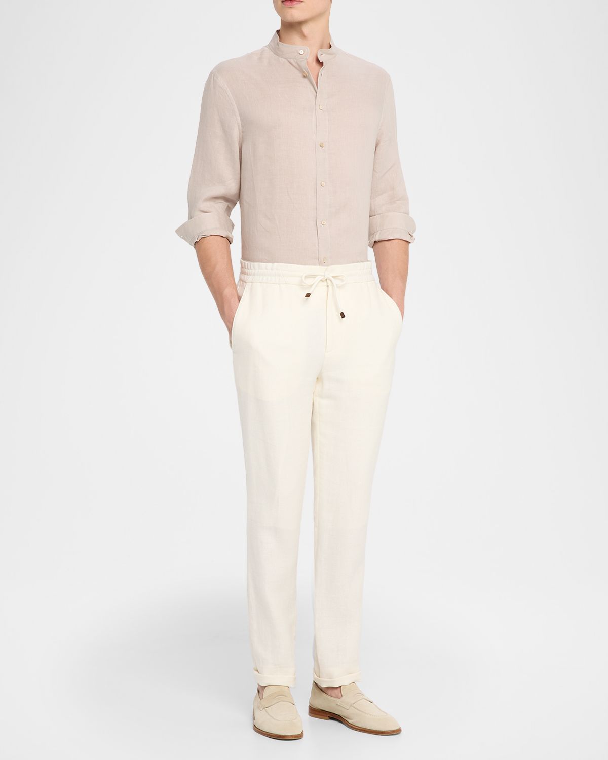 Brunello Cucinelli Men 's Linen and Cotton Band Collar Button-Down Shirt | Thumbnail 5 Brunello Cucinelli Men 's Linen and Cotton Band Collar Button-Down Shirt | Thumbnail 5