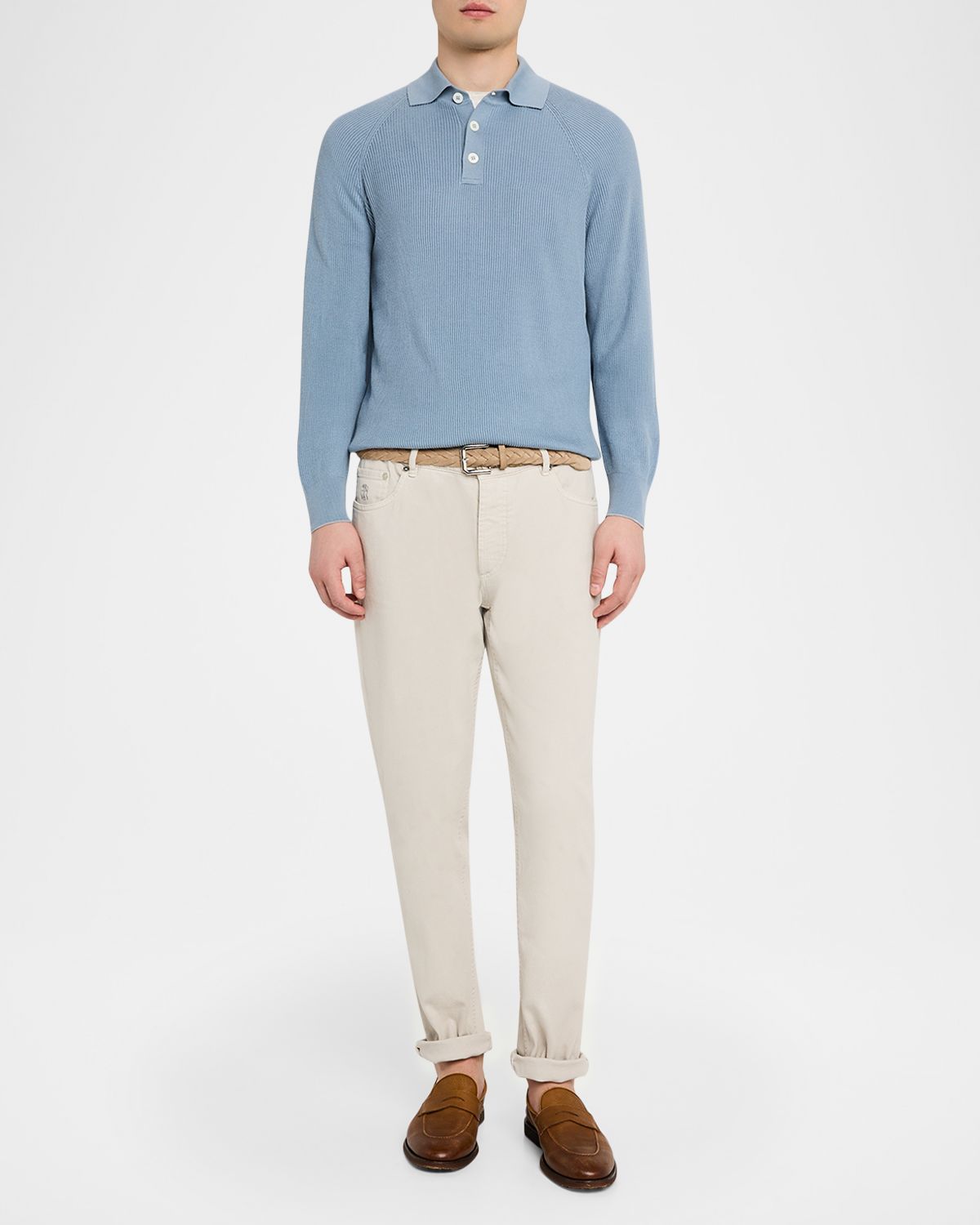 Brunello Cucinelli Men 's Cotton English Rib Knit Polo Sweater | Thumbnail 5 Brunello Cucinelli Men 's Cotton English Rib Knit Polo Sweater | Thumbnail 5