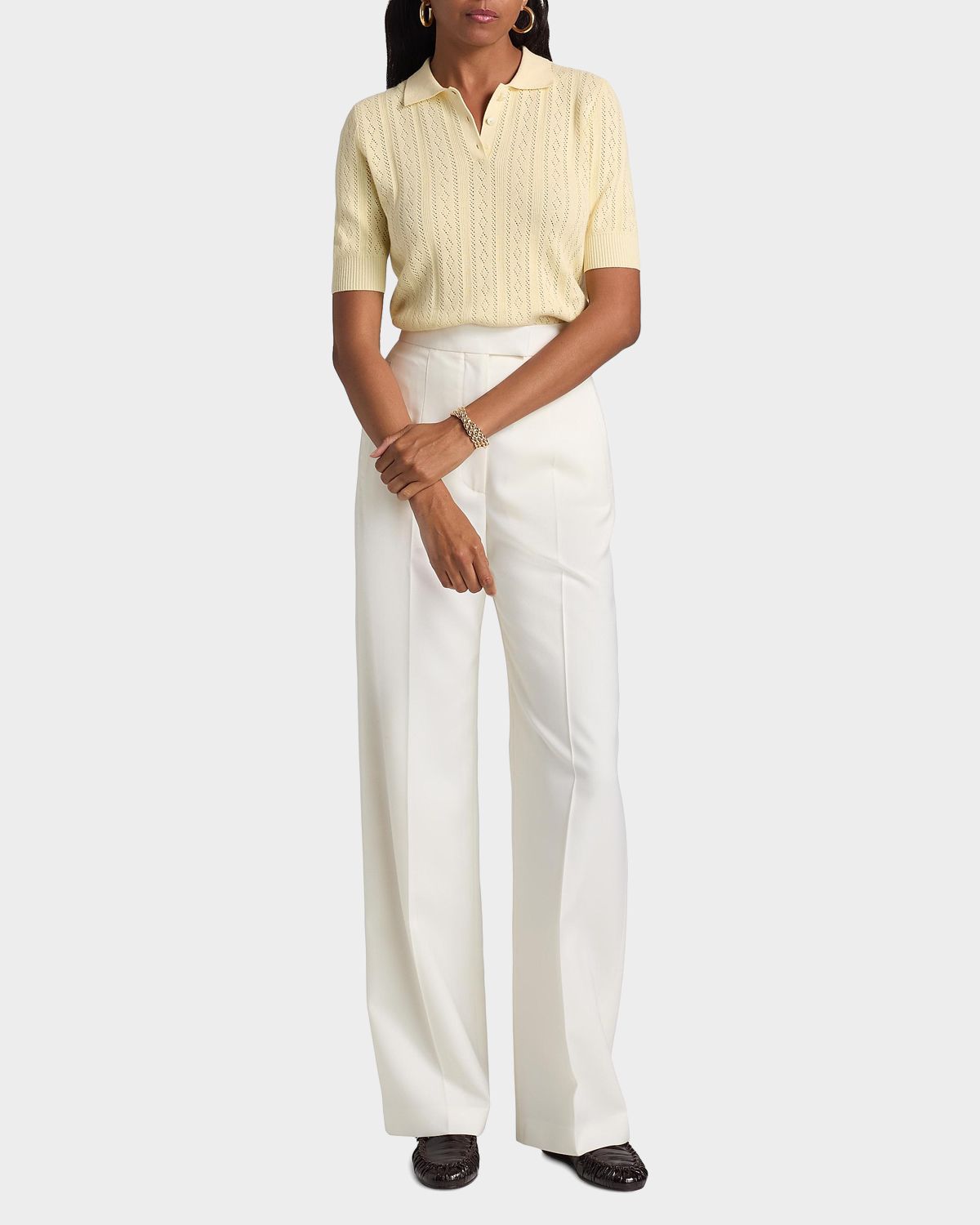 Lisa Yang Cristine Cashmere Pointelle Short-Sleeve Polo Sweater