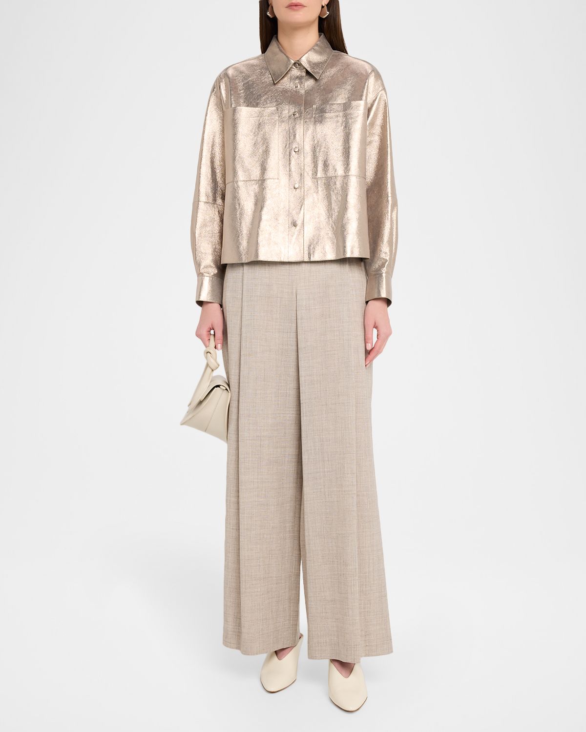 Lafayette 148 New York Cropped Metallic Suede Boyfriend Shirt