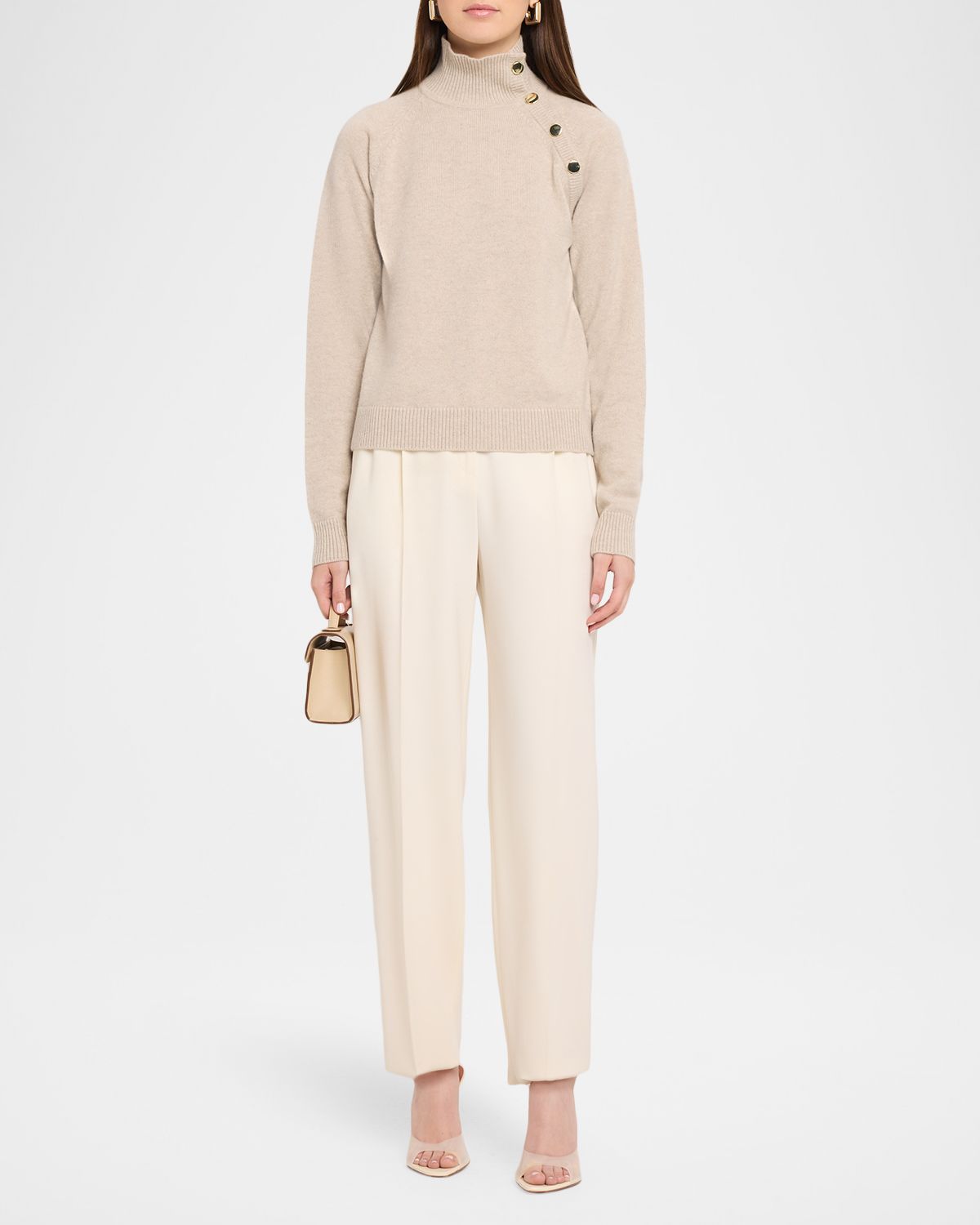 Max Mara Studio Button-Shoulder Cashmere Turtleneck Sweater