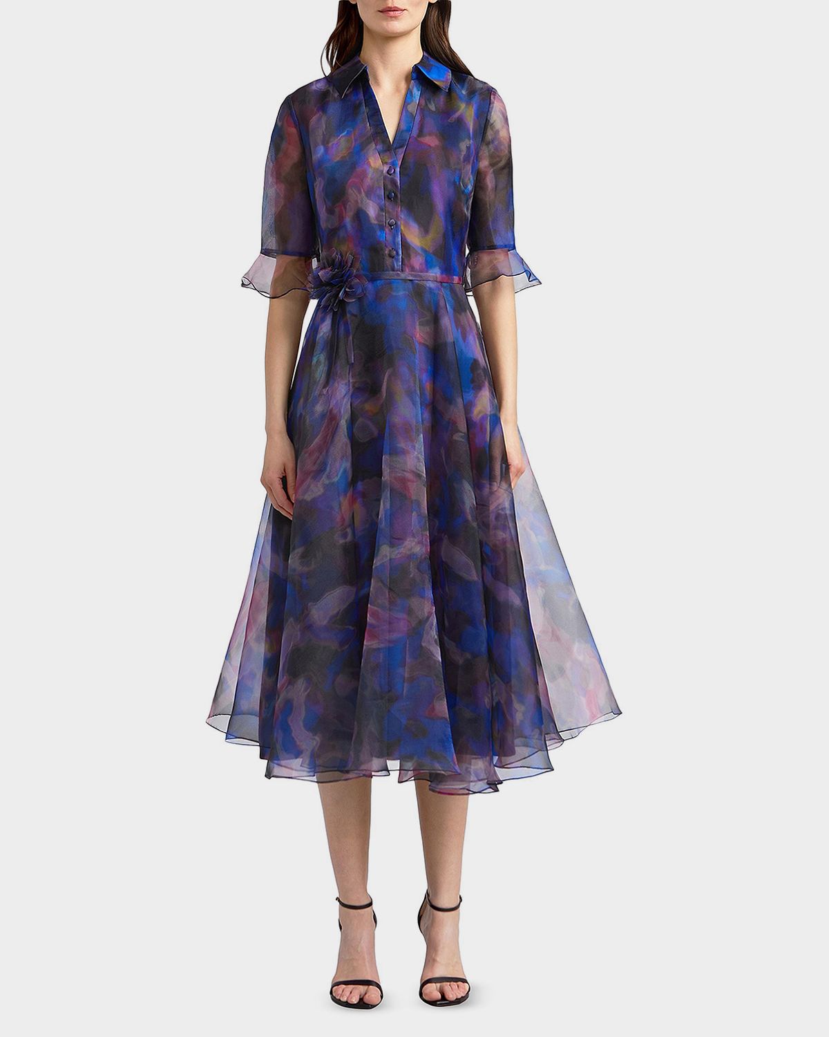 Theia Colette Abstract-Print Organza Midi Shirtdress