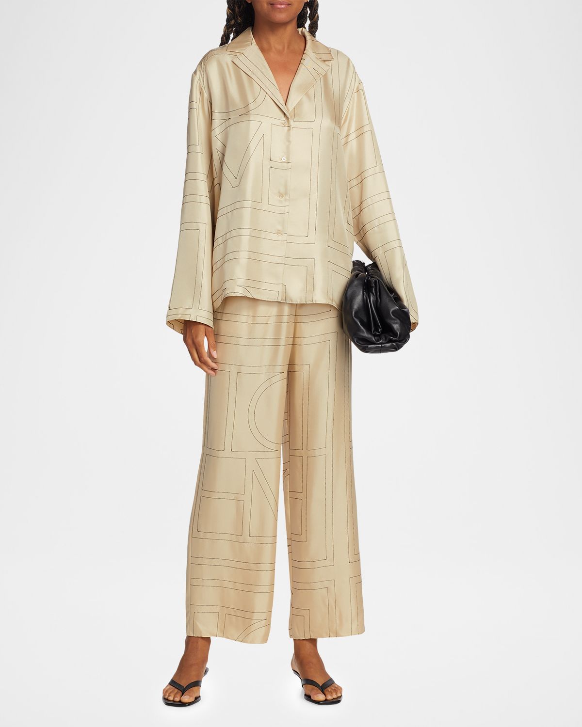Toteme Monogram-Embroidered Silk Pajama Top