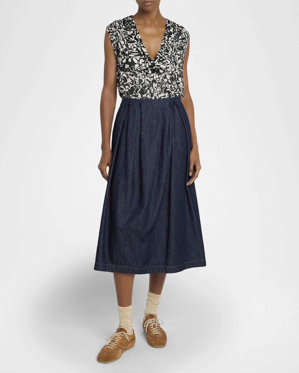 Dries Van Noten Sonista Pleated Denim Midi Skirt