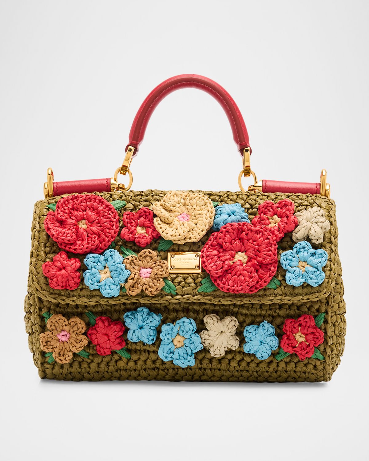 Dolce & Gabbana Floral Applique Crochet Faux Raffia Top-Handle Bag