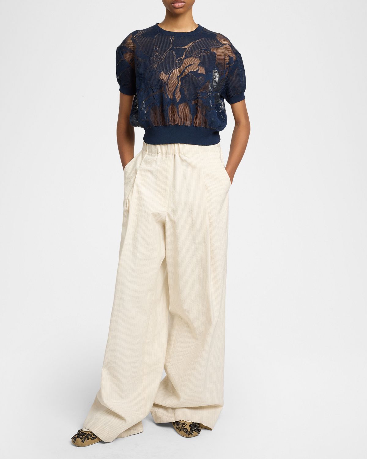 Dries Van Noten Lace Knit Short-Sleeve Crop Sweater