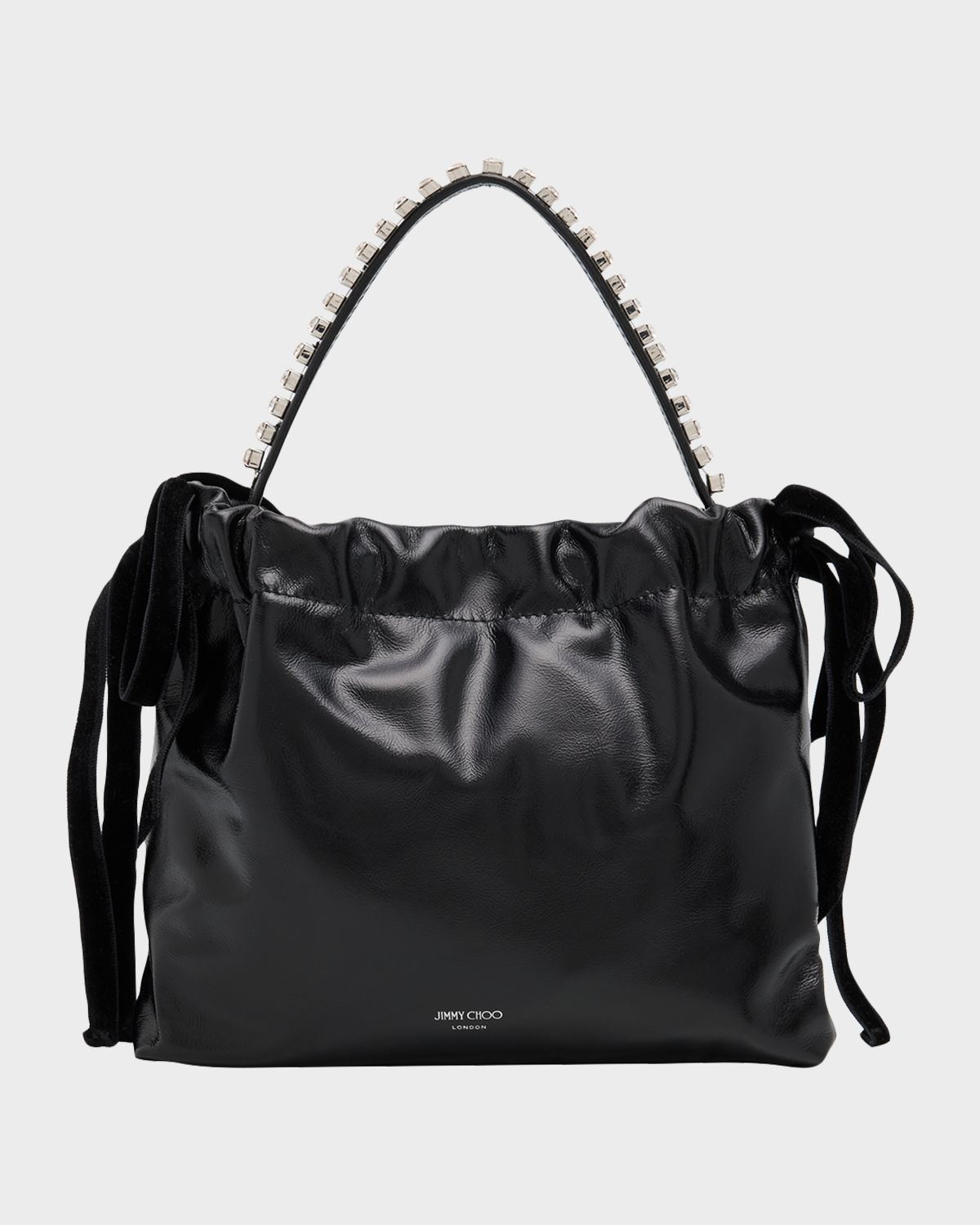 Jimmy Choo Leather Drawstring Mini Top-Handle Bag with Crystal-Embellished Handle