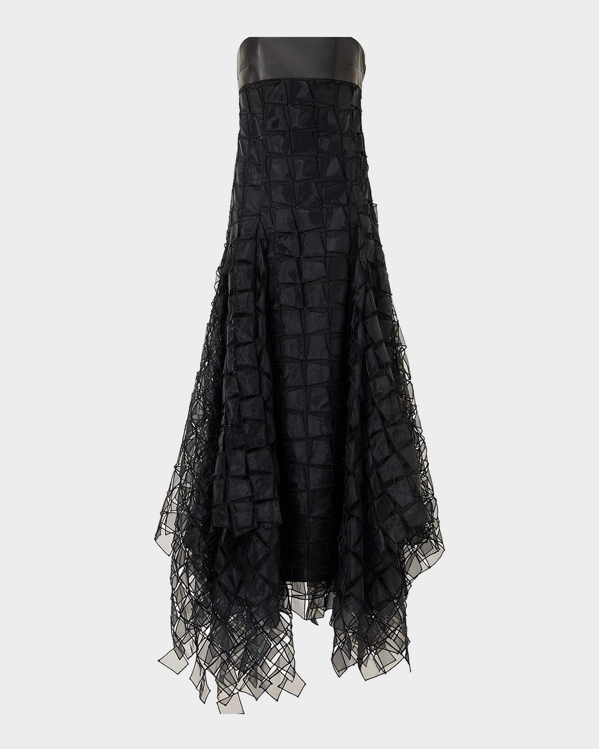 Akris Strapless Trapezoid Embroidered Organza Fringe Maxi Dress