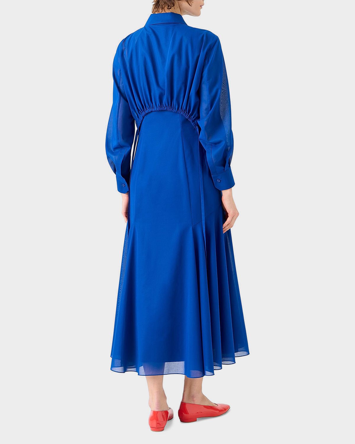 Akris Long-Sleeve Cotton Voile Fit-&-Flare Midi Shirtdress