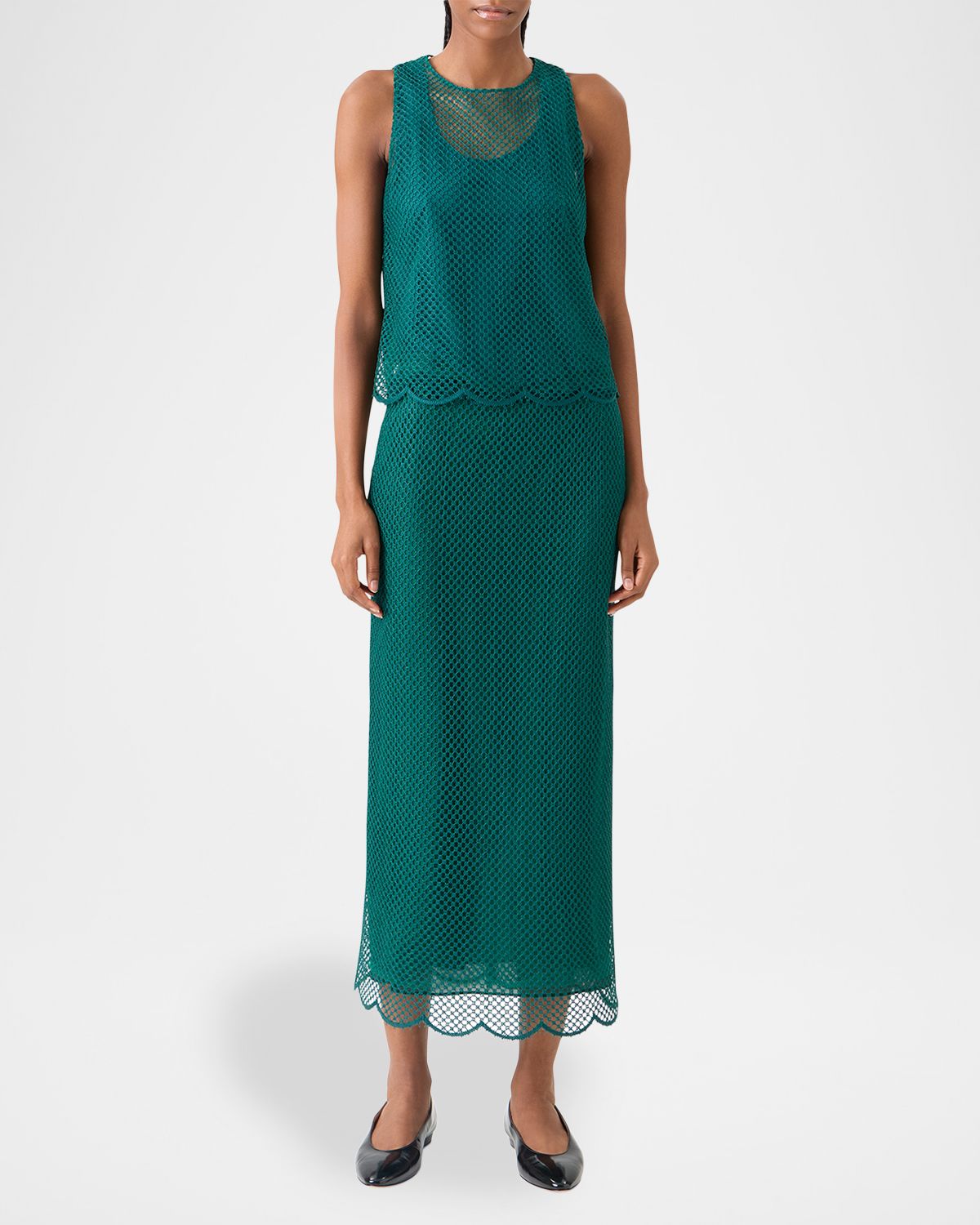 Akris Grid Embroidered Scalloped Sleeveless Blouse