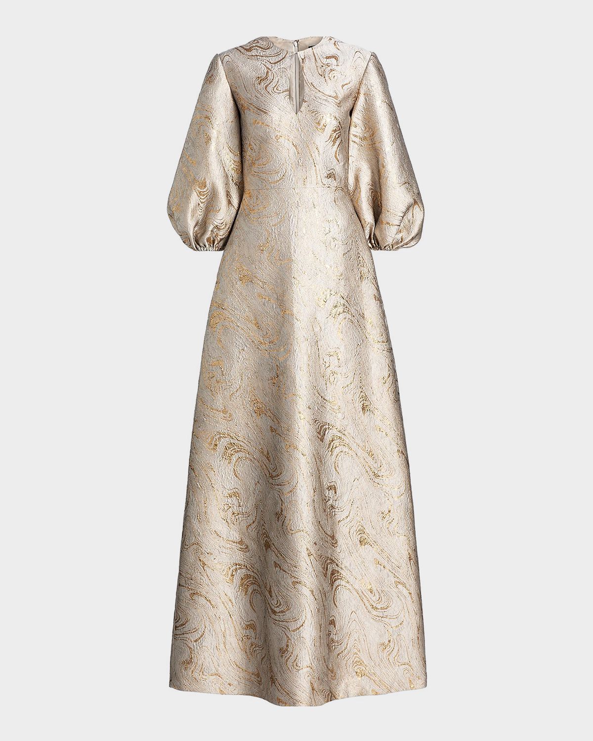 Reem Acra Balloon-Sleeve Metallic Brocade Kaftan Gown