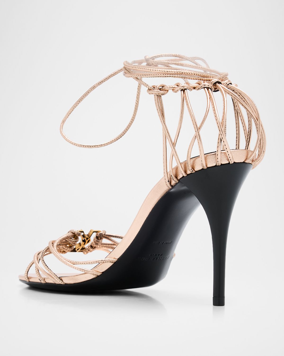 Saint Laurent 90mm Babylone YSL Metallic Leather Ankle-Tie Sandals