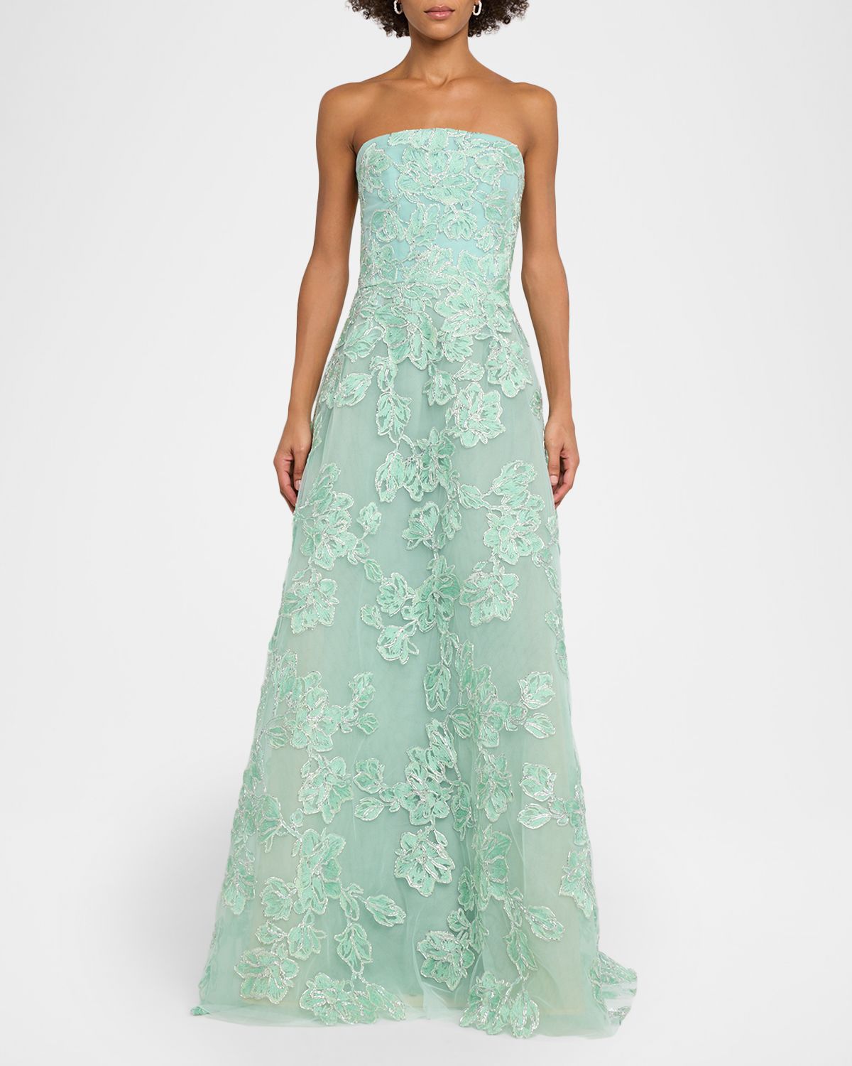 Reem Acra Floral Metallic Raffia Embroidered Tulle Strapless Gown