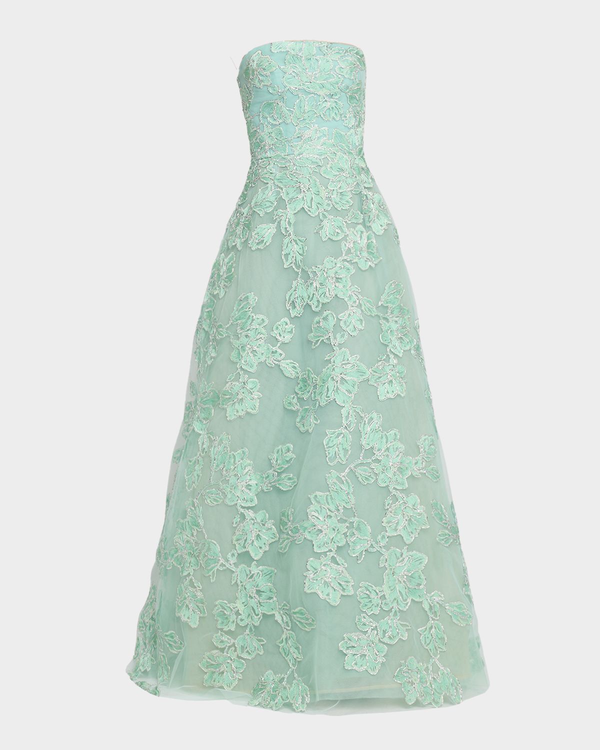 Reem Acra Floral Metallic Raffia Embroidered Tulle Strapless Gown