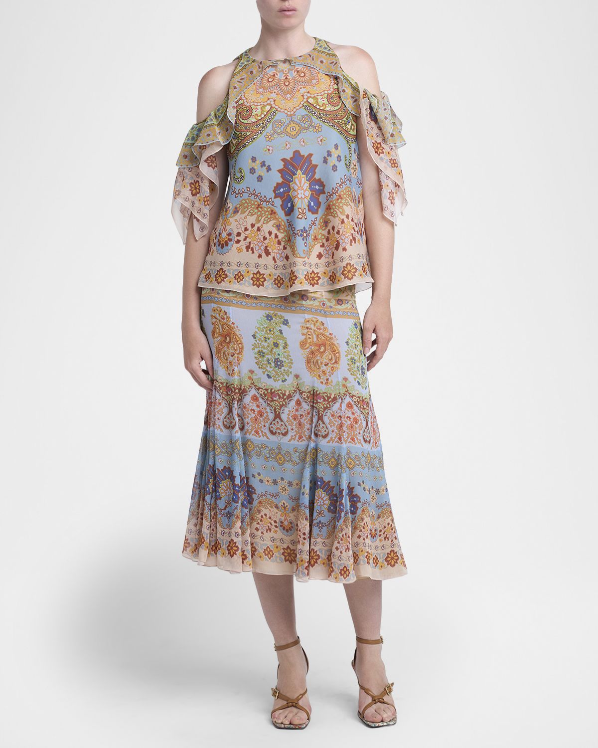 Etro Ruffled Cold-Shoulder Paisley Blouse