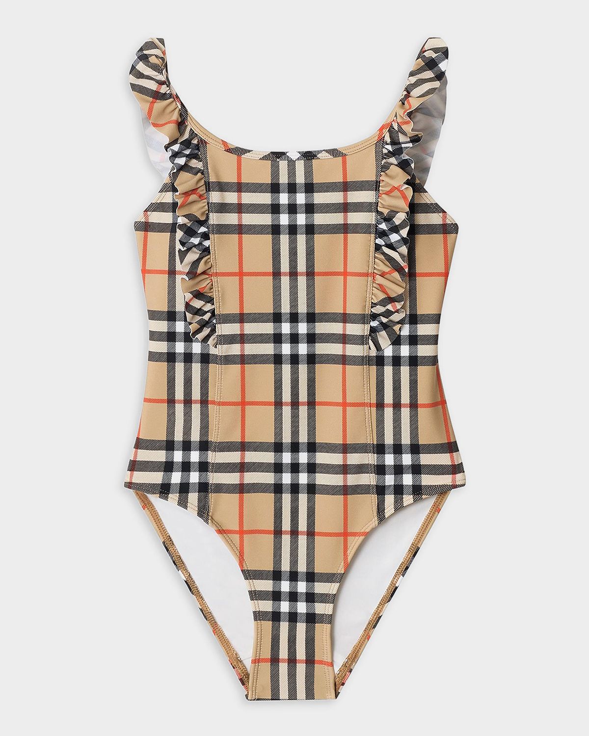 Burberry Girl 's Ruffle-Trim Check One-Piece Swimsuit, Size 3-14
