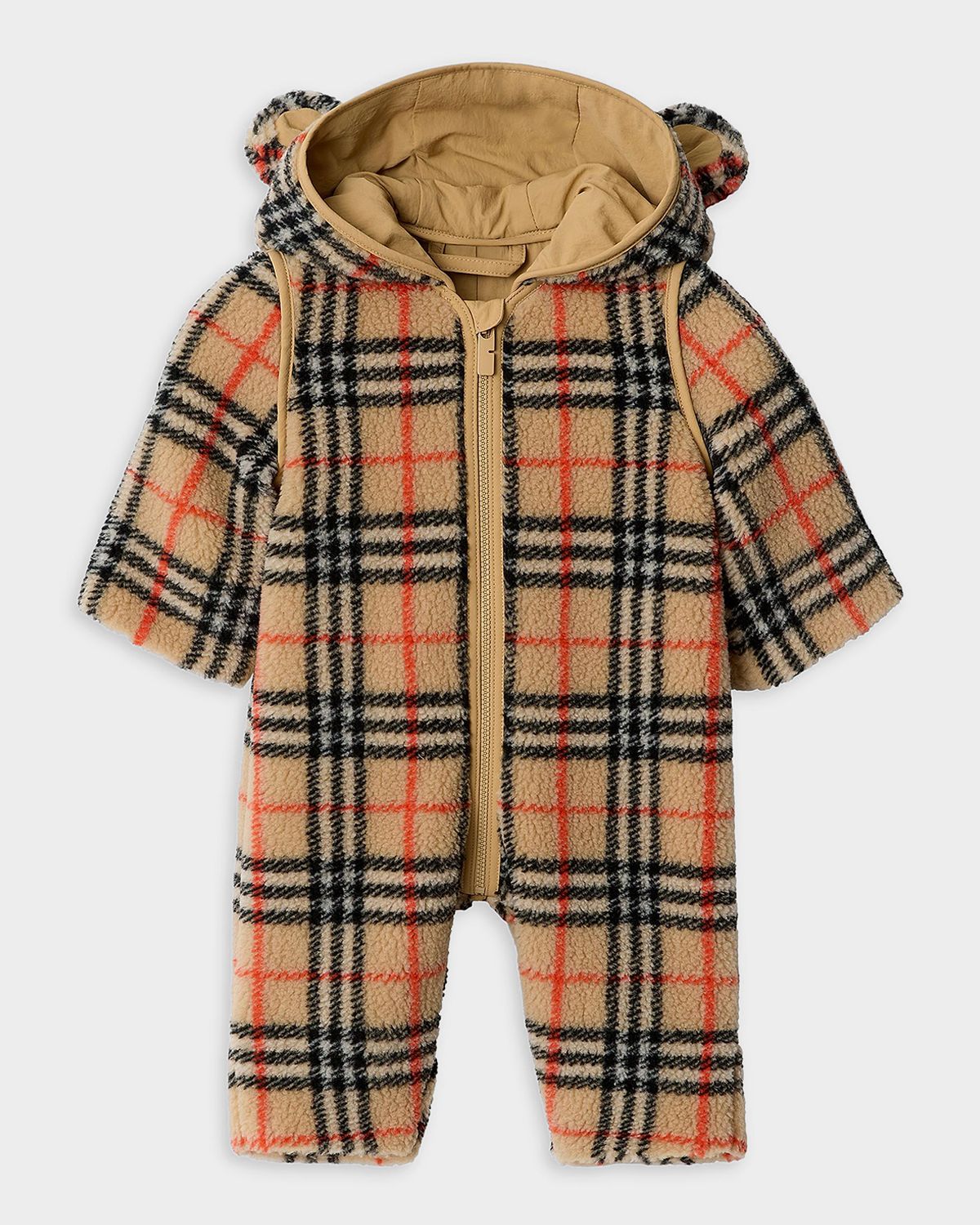 Burberry Kid 's Check Fleece Bear Hooded Jumpsuit, Size 1M-18M