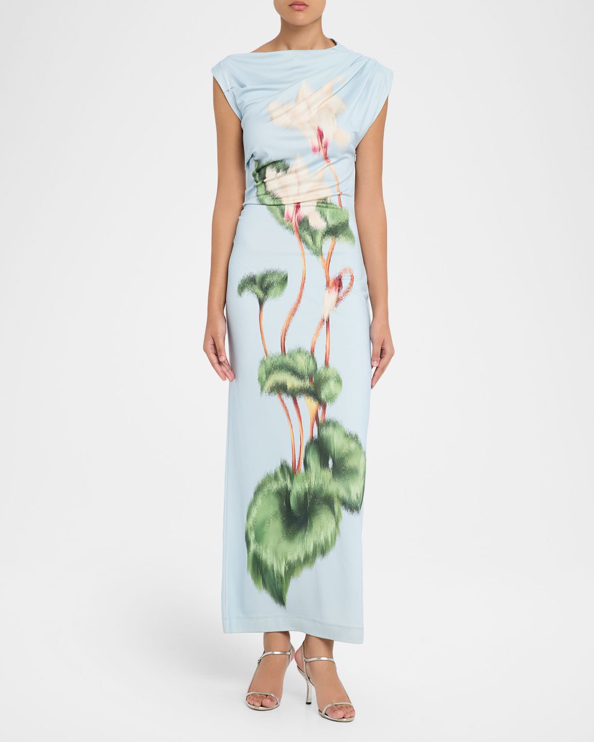 Oscar de la Renta Chinese Cyclamen-Print Draped Jersey Maxi Dress - Women's Clothing