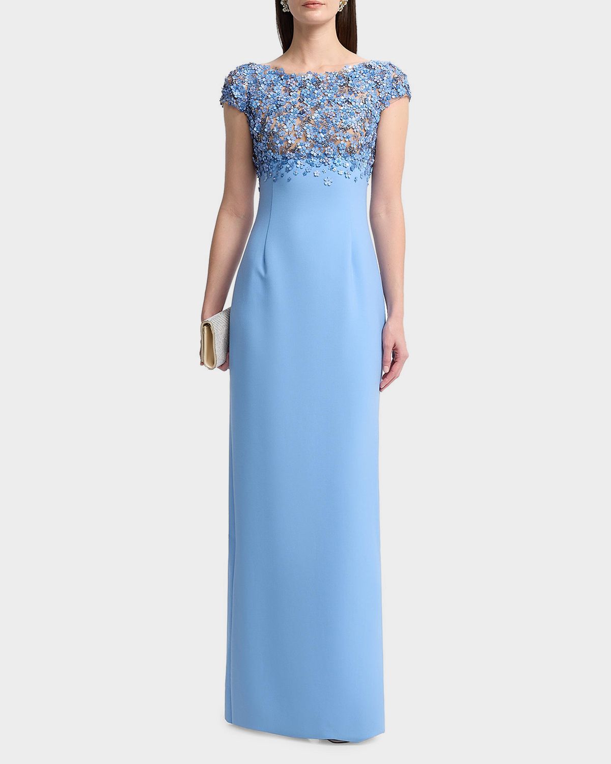 Oscar de la Renta Bitty Hoya Flowers Embroidered Cap-Sleeve Gown