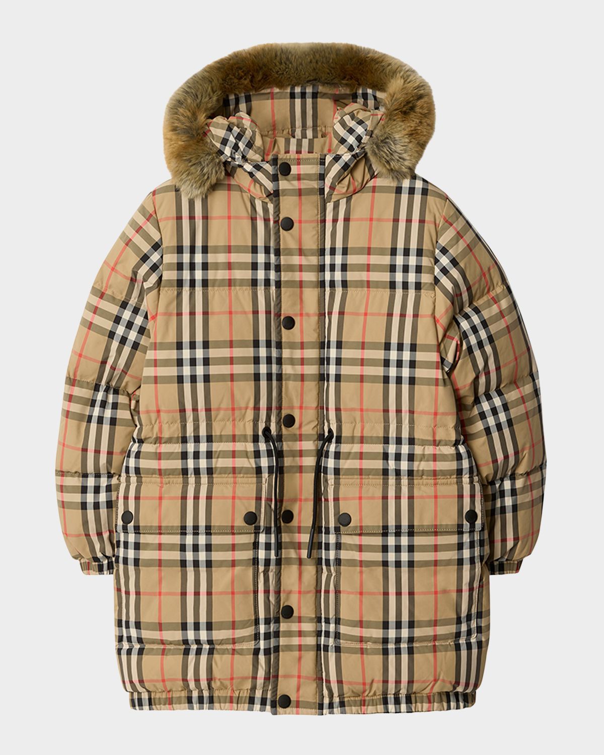 Burberry Boy 's Faux-Fur Trim Check Nylon Puffer Coat, Size 3-14