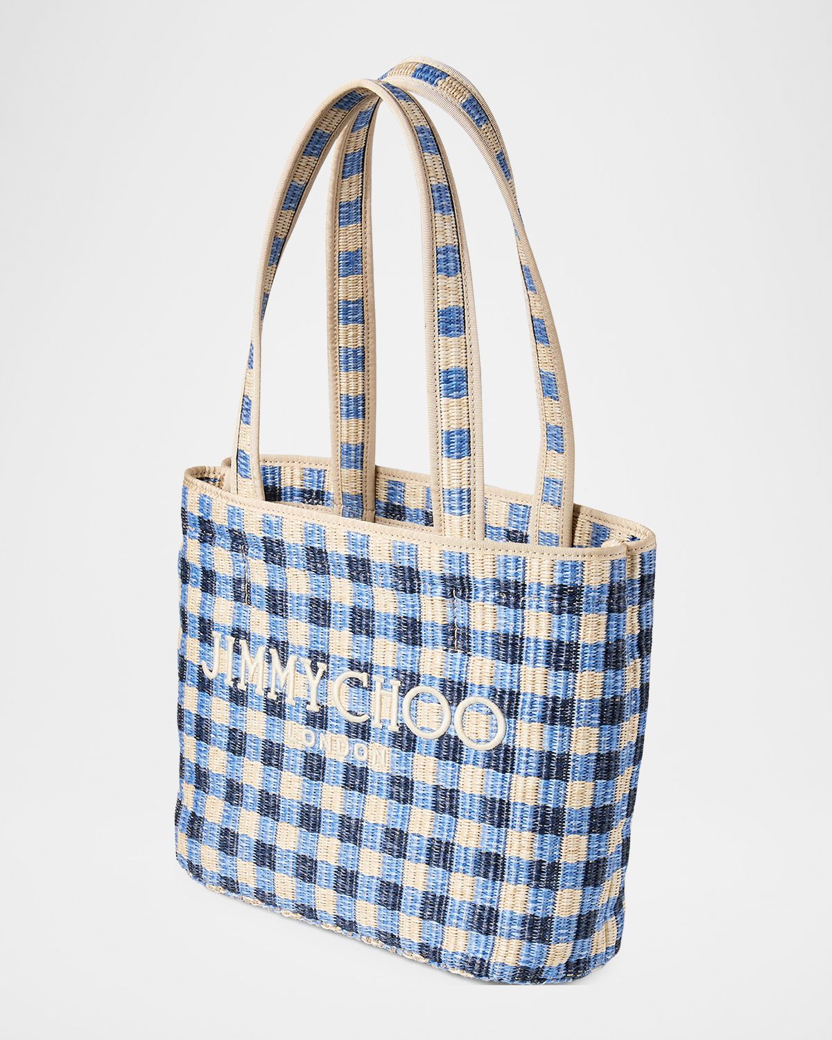 Jimmy Choo Embroidered Gingham Raffia Small Beach Tote Bag